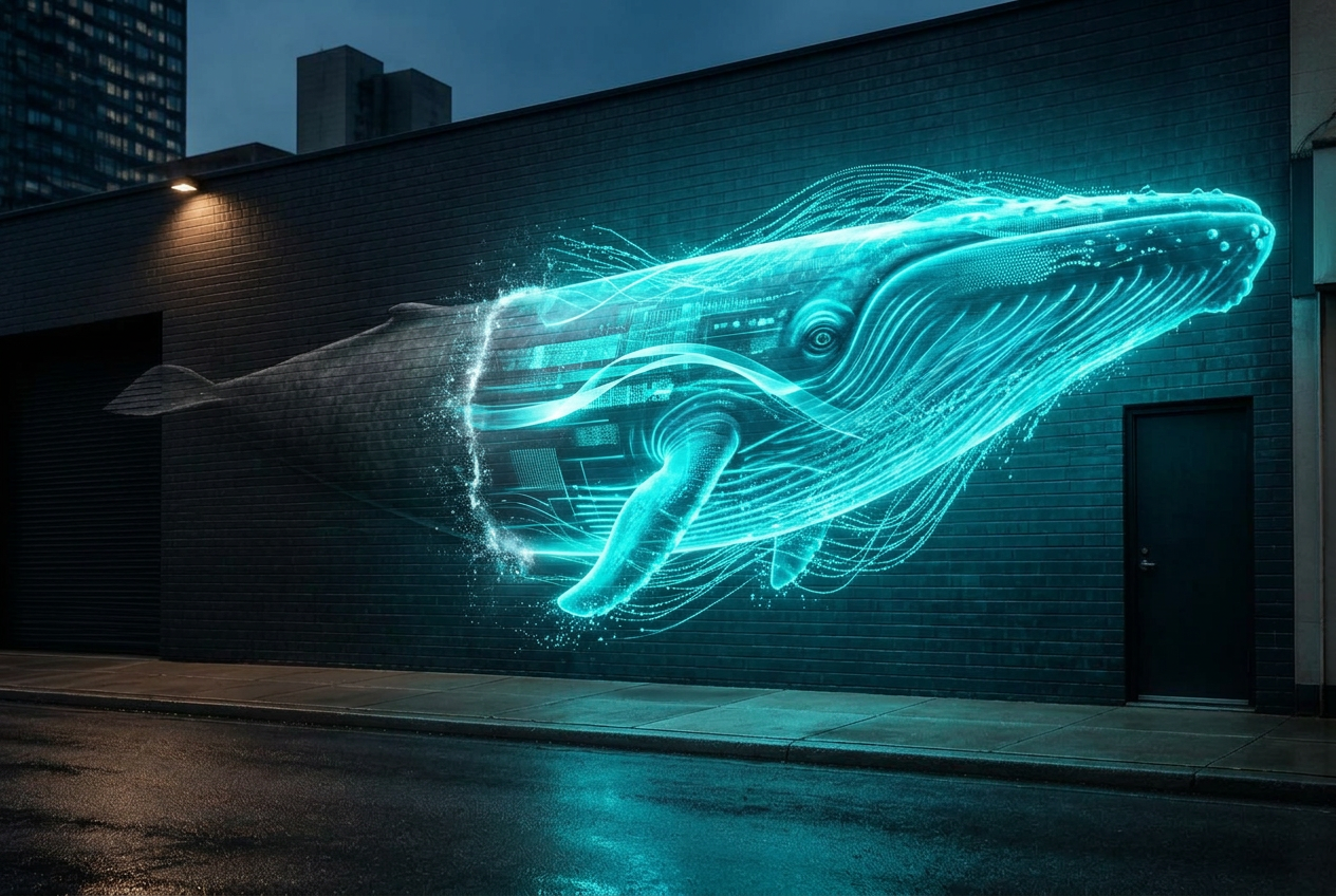 The whale mural activated as a luminous 3D digital experience extending into the street