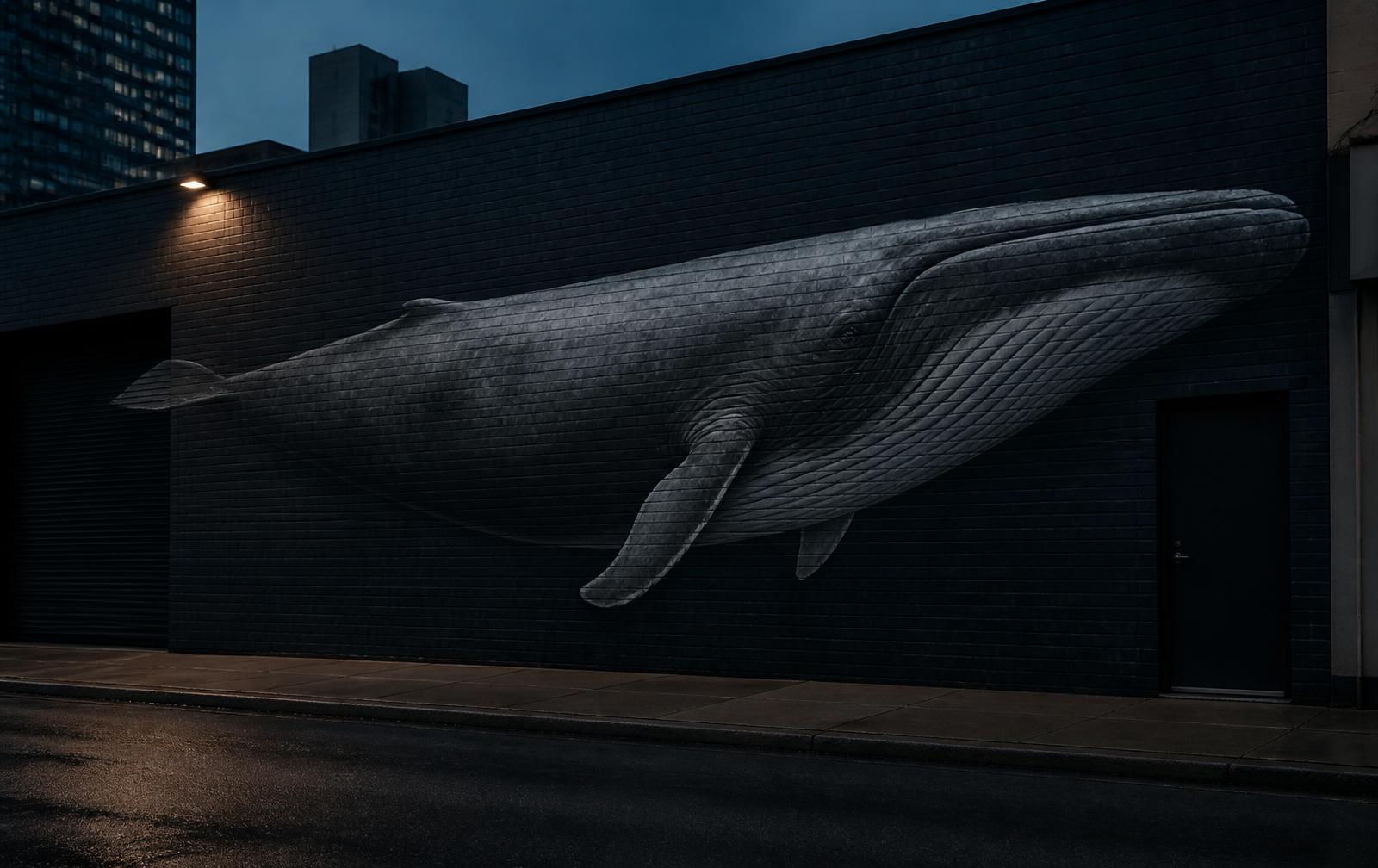 A monochrome whale mural painted on a city wall at dusk